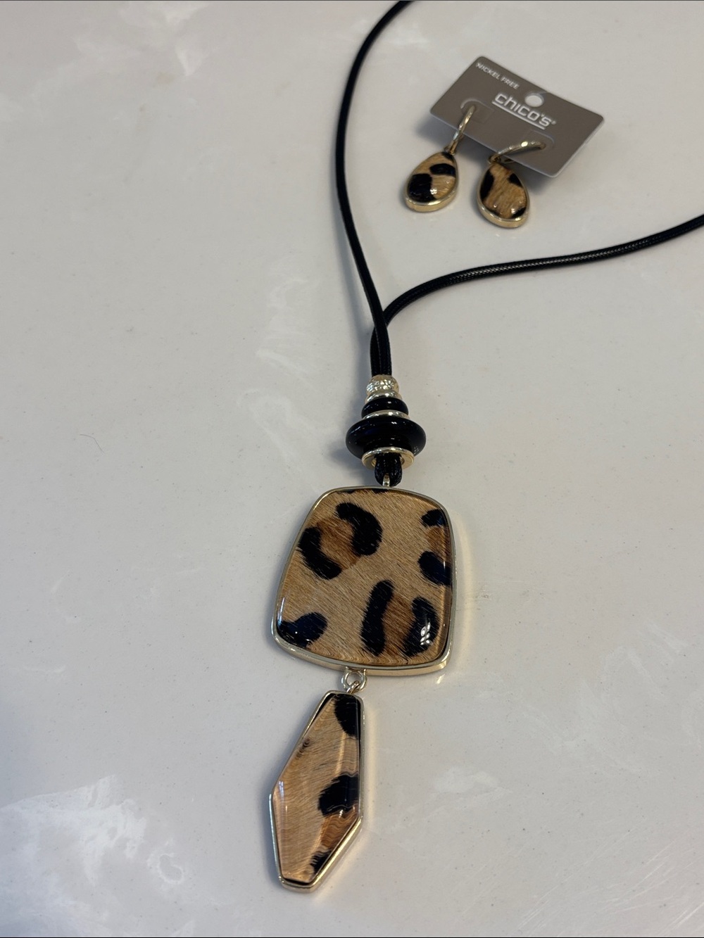 Chico's NWOT Reve Black and Brown Leopard Pendant Necklace with Matching Earring